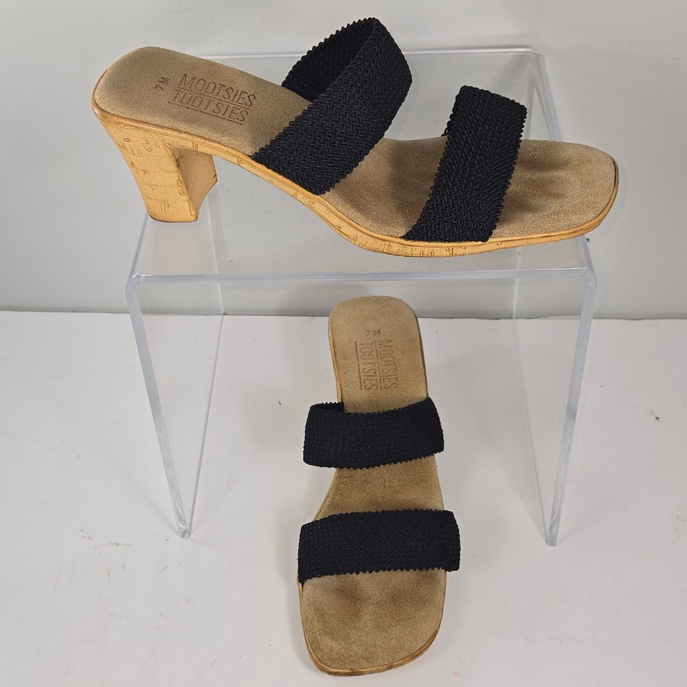 Mootsies Tootsies Women 7M Black Stretch Woven Double Strap Cork Block Heel Mule